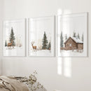 Deer and Cabin Winter 3 Piece Wall Art. Rustic Nordic Prints by Wall Art Set