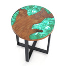 Solid Live Edge Round Teak Wood Outdoor End Table with Epoxy Resin Tabletop by LJGDeals