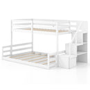 Solid Wood Twin Over Full Low Bunk Bed with Storage Stairs-White