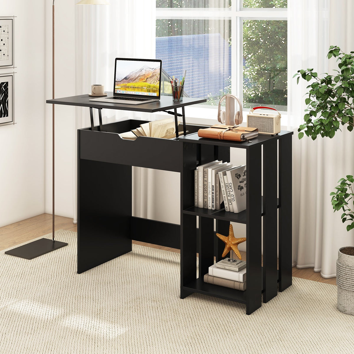 Space Saving Computer Desk with Hidden Compartment and Open Storage Shelves-Black, photo 2 of 8