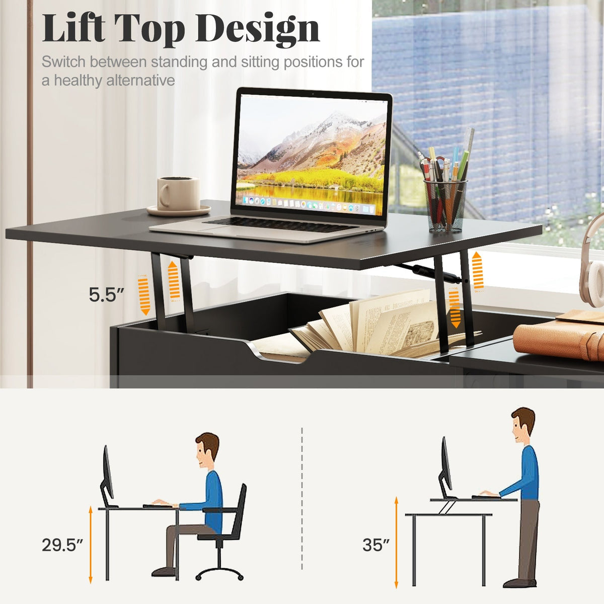 Space Saving Computer Desk with Hidden Compartment and Open Storage Shelves-Black, photo 7 of 8