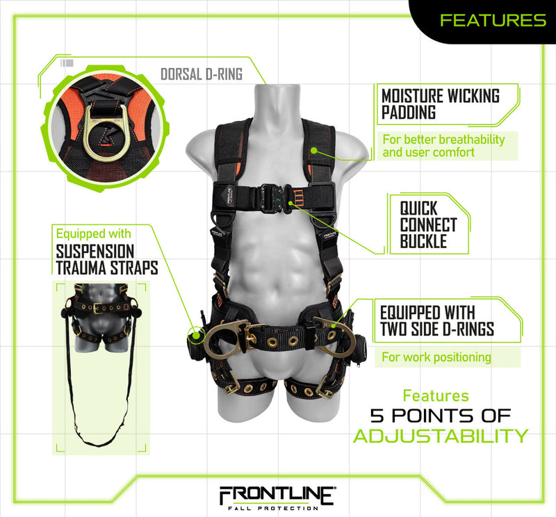 Frontline 100CTB Combat Construction Full Body Harness with Tongue Buckle Legs and Trauma Straps XL/2X