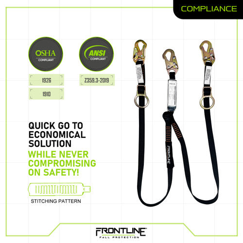 Frontline LPO62SADJ Combat 6' Tie-Back Double Leg Shock Absorbing Lanyard with Snaphooks