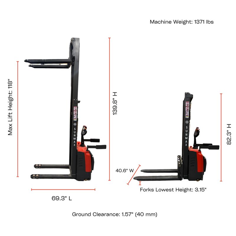 PS3300FE-3M Fulll-Electric Pallet Stacker, 3300 lbs Capacity, 118" Lifting Height, Works with Open-bottom Pallets