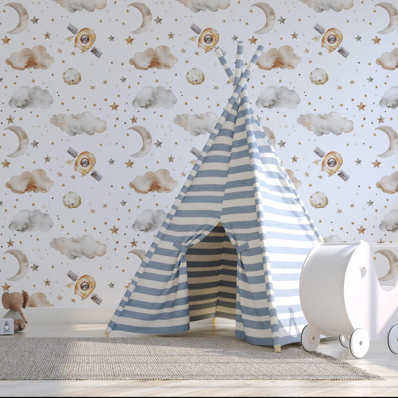 Spaceship Wallpaper For Boys - Soft Clouds and Stars