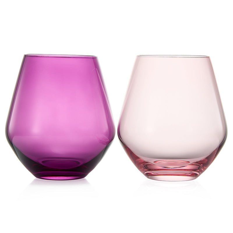 Amethyst & Rose Colored Wine Glasses For Everyday, Girlfriend, Wife, Valentines Day | Set of 2 | Large 16 oz Stemless Glasses, Purple, Red Pink Italian Style, Water, Tumbler Beautiful Hand-Blown Glass