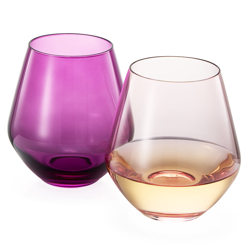 Amethyst & Rose Colored Wine Glasses For Everyday, Girlfriend, Wife, Valentines Day | Set of 2 | Large 16 oz Stemless Glasses, Purple, Red Pink Italian Style, Water, Tumbler Beautiful Hand-Blown Glass