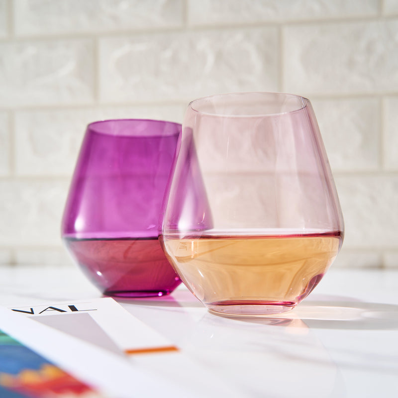 Amethyst & Rose Colored Wine Glasses For Everyday, Girlfriend, Wife, Valentines Day | Set of 2 | Large 16 oz Stemless Glasses, Purple, Red Pink Italian Style, Water, Tumbler Beautiful Hand-Blown Glass