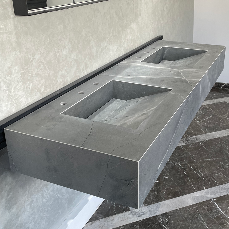 Armani Grey Engineered Porcelain Double Sink Handcrafted with Modern Marble Aesthetics, photo 4 of 11