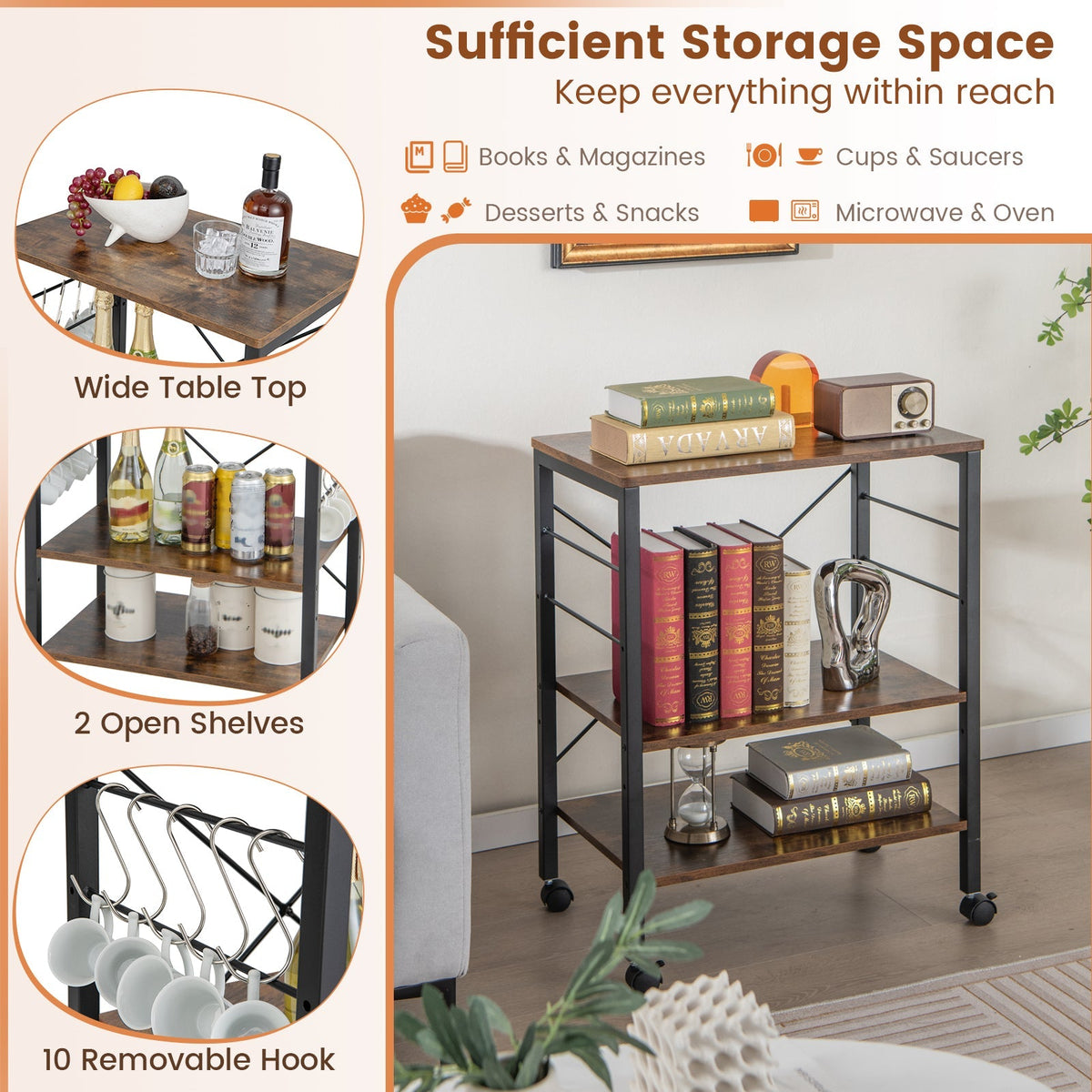 3-Tier Kitchen Baker's Rack Microwave Oven Storage Cart with Hooks, photo 7 of 11