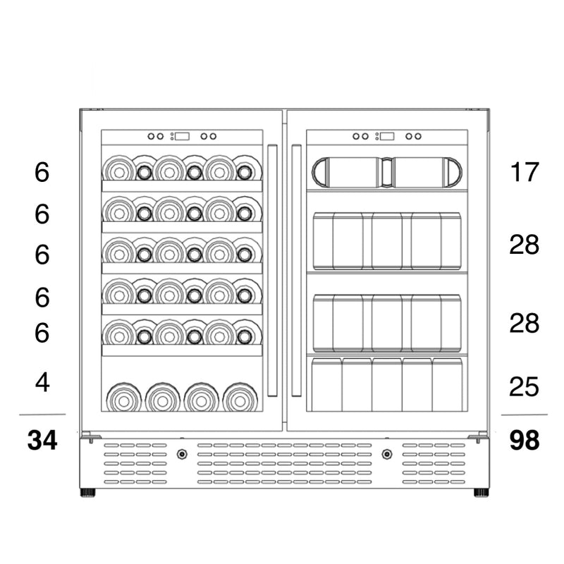 36" Beer and Wine Cooler Combination with Low-E Glass Door