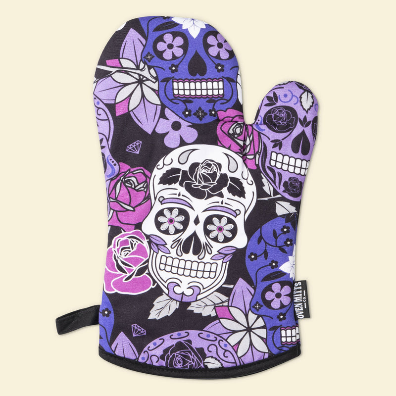 Sugar Skull Purple Oven Mitts And Potholder Set