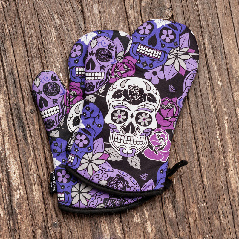 Sugar Skull Purple Oven Mitts And Potholder Set