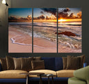 Sunset Beach Canvas Wall Art – Serene Ocean Waves Triptych –
