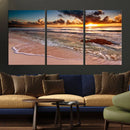 Sunset Beach Canvas Wall Art – Serene Ocean Waves Triptych –