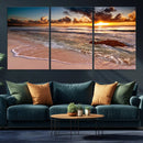 Sunset Beach Canvas Wall Art – Serene Ocean Waves Triptych –