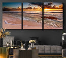 Sunset Beach Canvas Wall Art – Serene Ocean Waves Triptych –