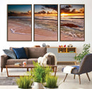 Sunset Beach Canvas Wall Art – Serene Ocean Waves Triptych –