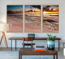Sunset Beach Canvas Wall Art – Serene Ocean Waves Triptych –