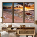 Sunset Beach Canvas Wall Art – Serene Ocean Waves Triptych –