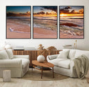 Sunset Beach Canvas Wall Art – Serene Ocean Waves Triptych –