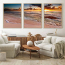 Sunset Beach Canvas Wall Art – Serene Ocean Waves Triptych –