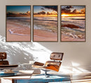Sunset Beach Canvas Wall Art – Serene Ocean Waves Triptych –