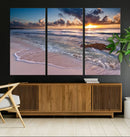 Sunset Beach Waves Canvas Wall Art – Triptych Ocean Print –