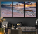 Sunset Beach Waves Canvas Wall Art – Triptych Ocean Print –