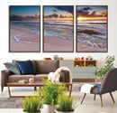 Sunset Beach Waves Canvas Wall Art – Triptych Ocean Print –