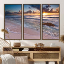 Sunset Beach Waves Canvas Wall Art – Triptych Ocean Print –