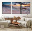 Sunset Beach Waves Canvas Wall Art – Triptych Ocean Print –