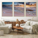 Sunset Beach Waves Canvas Wall Art – Triptych Ocean Print –