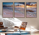 Sunset Beach Waves Canvas Wall Art – Triptych Ocean Print –