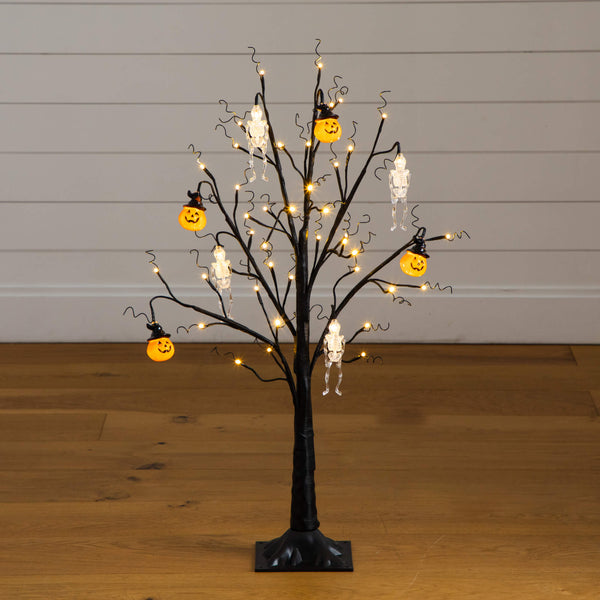 3' Pre-Lit Artificial Halloween Pumpkins and Skulls Ornament Tree with 48 Warm White LED Lights