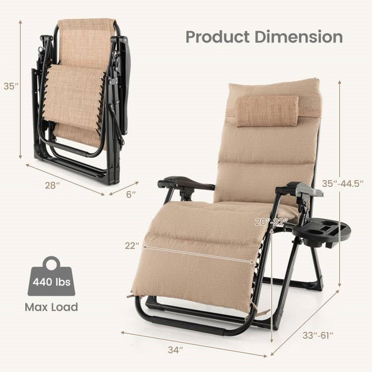 Tan Zero Gravity Adjustable Lounge Chair Removable Cushion Cup Holder Tray, photo 5 of 5