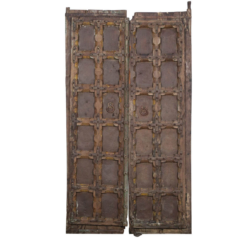 1900s Antique Teak Wood Door With Rustic Metal Inset