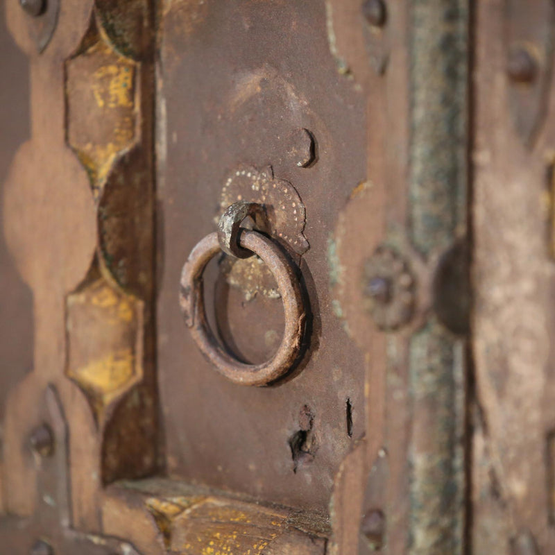 1900s Antique Teak Wood Door With Rustic Metal Inset
