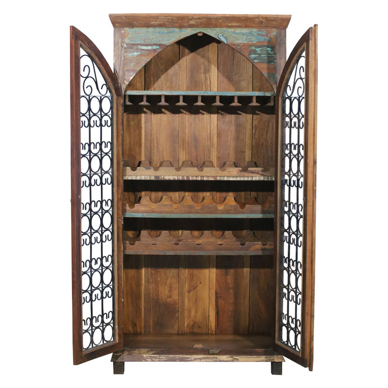 84 Inch Tall Farmhouse Style Wine Bar Cabinet With Iron Grills