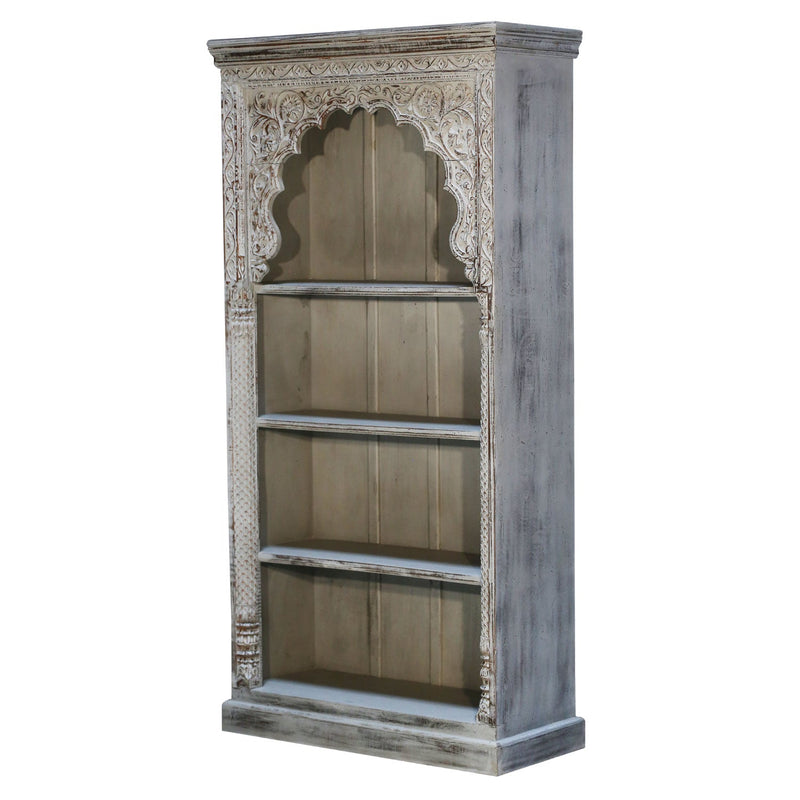 Antique Carved Moorish Arch Solid Wood Distressed Gray Bookcase Display