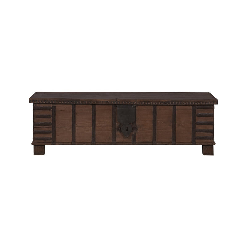 65" Large Teak Wood Bed End Blanket Chest With Iron Accent
