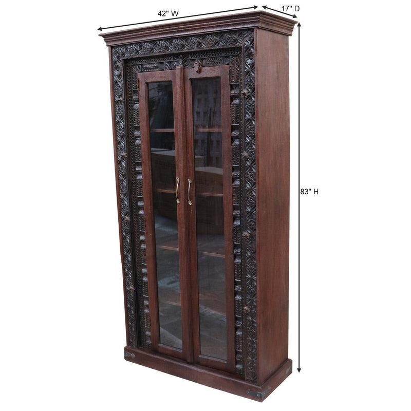 1900s Carved Doorframe Upcycled Curio Cabinet With Glass Doors