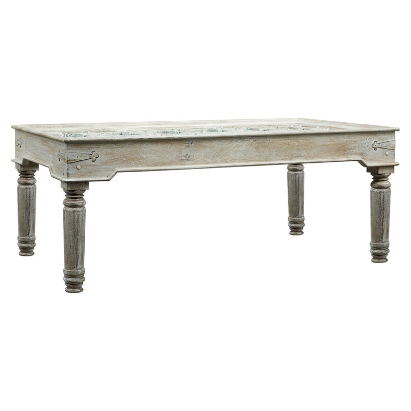 1800s Carved Antique Door Dining Table In Distressed White Finish