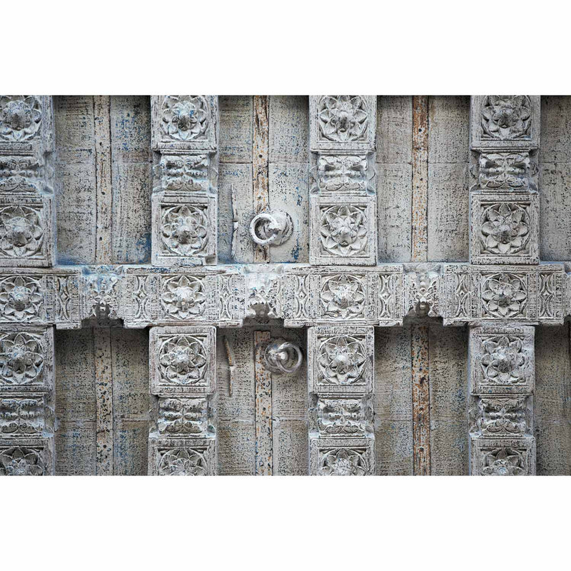 1800s Carved Antique Door Dining Table In Distressed White Finish