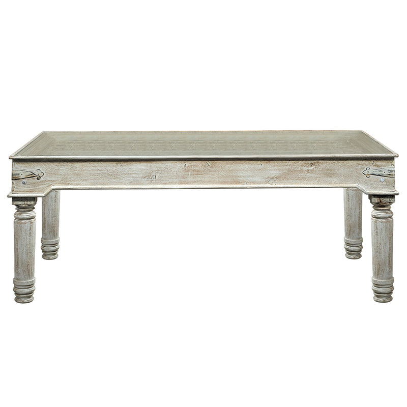 1800s Carved Antique Door Dining Table In Distressed White Finish