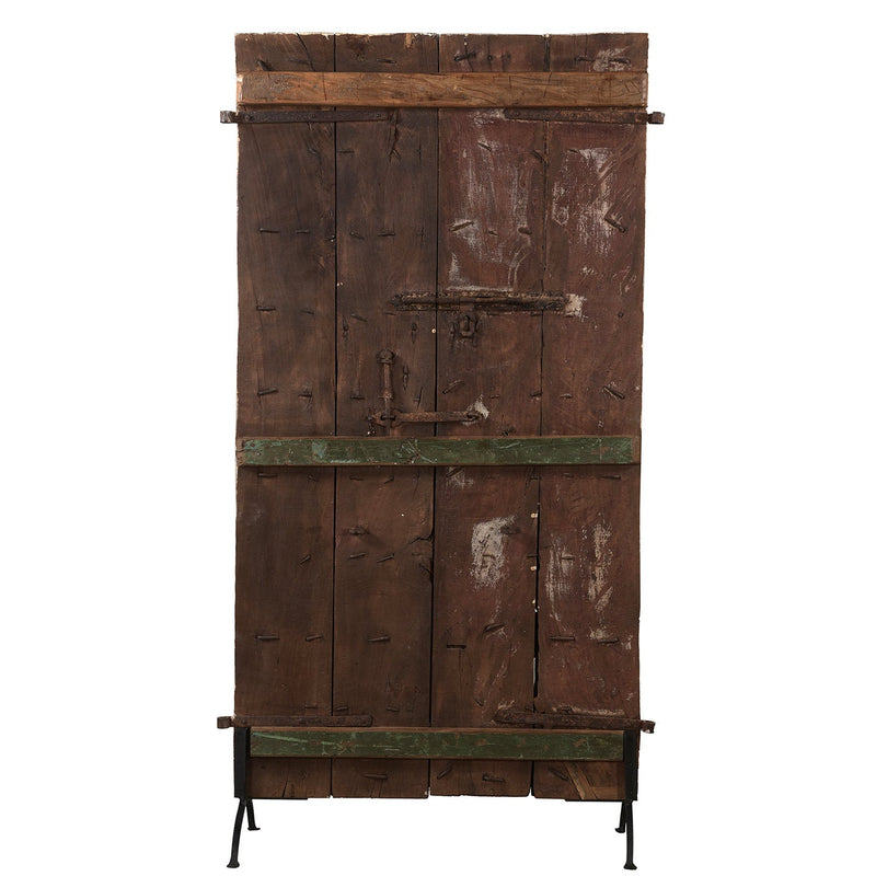1800s Antique Carved Door In Natural Finish On Metal Dispay Stand