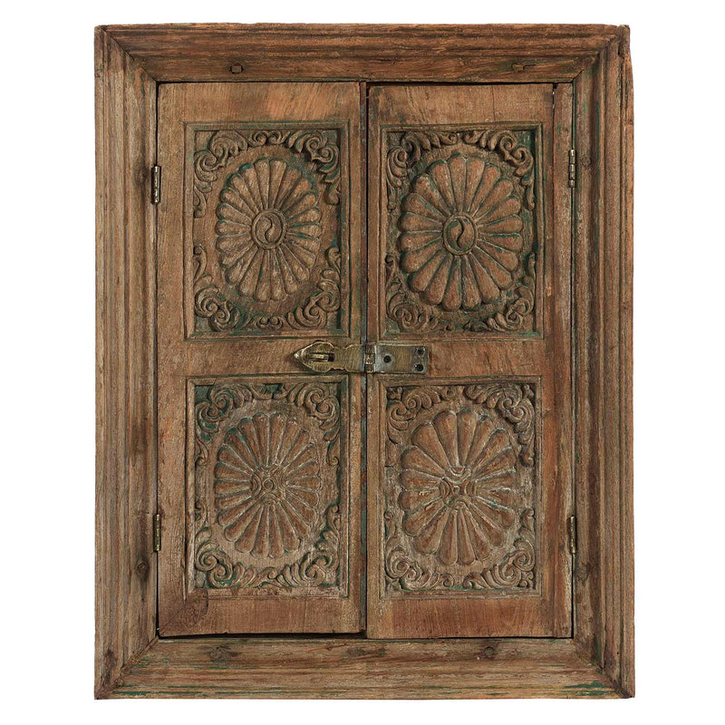 1900s Vintage Carved Rustic Window 23" x 29" Wall Hanging