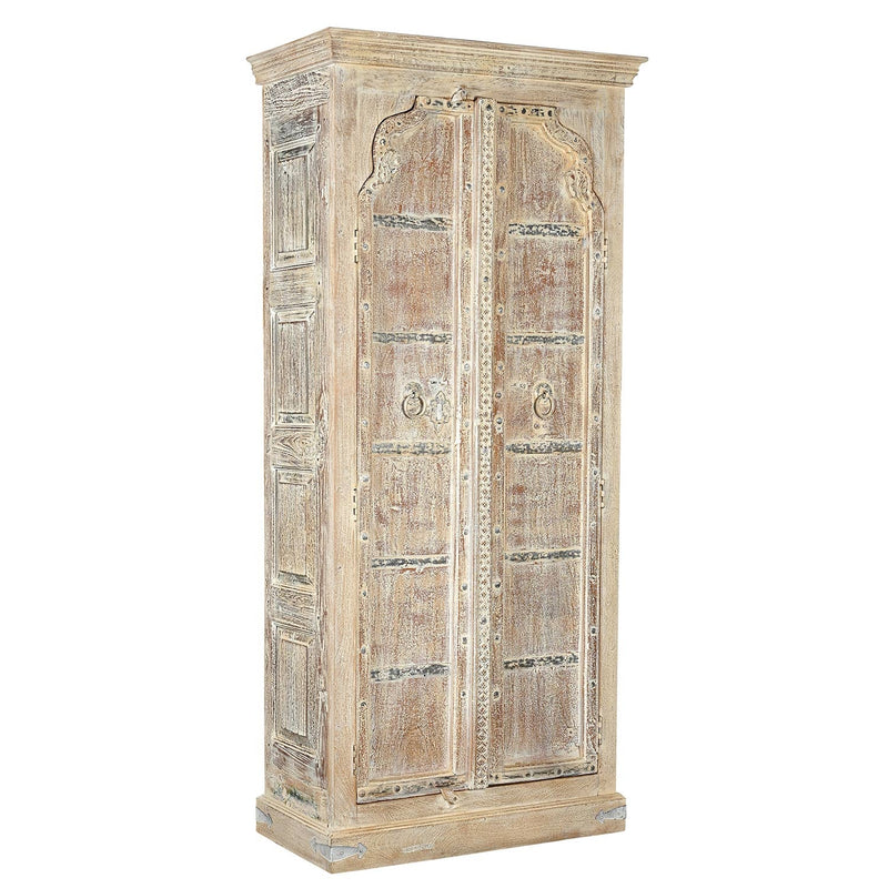 1900s Antique Teak Wood Door Upcycled 81 in Tall Armoire in Distressed White Finish