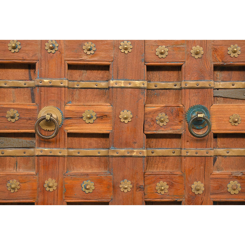 1900s Vintage Teak Wood Door With Original Brass Straps And Decorative Flower Pins