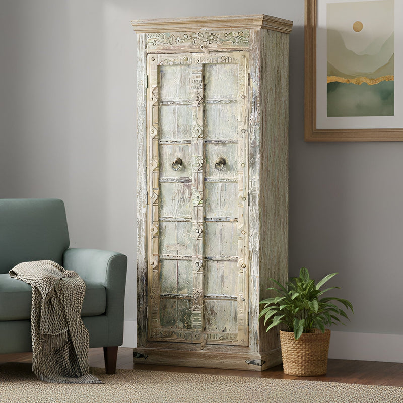 82 in. Tall Distressed White Antique Door Upcycled Solid Wood Armoire